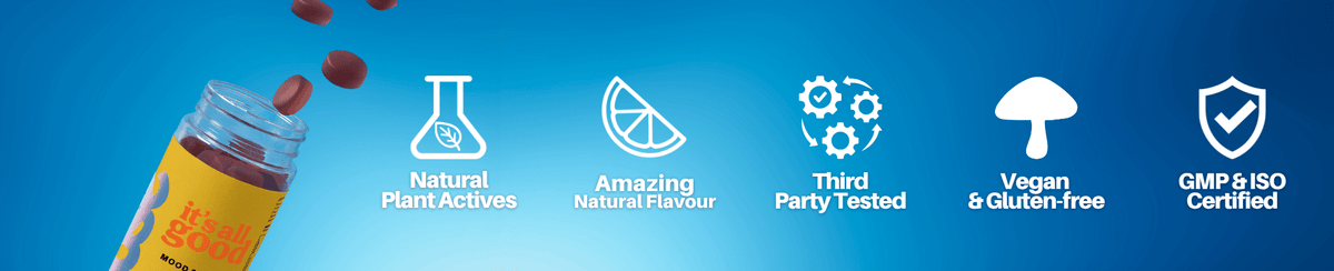 Product packaging with certification icons on a blue background