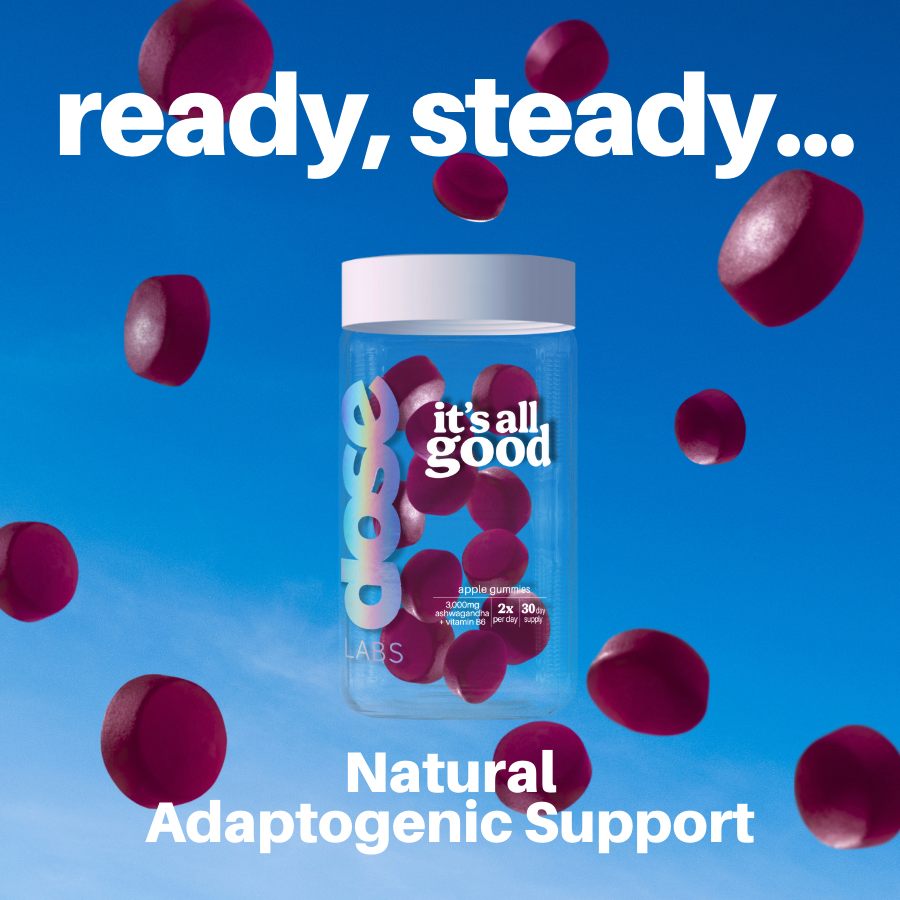 Floating apple gummies from Dose Labs It’s All Good Ashwagandha Gummies, highlighting adaptogenic mood support with 3,000mg ashwagandha and vitamin B6.
