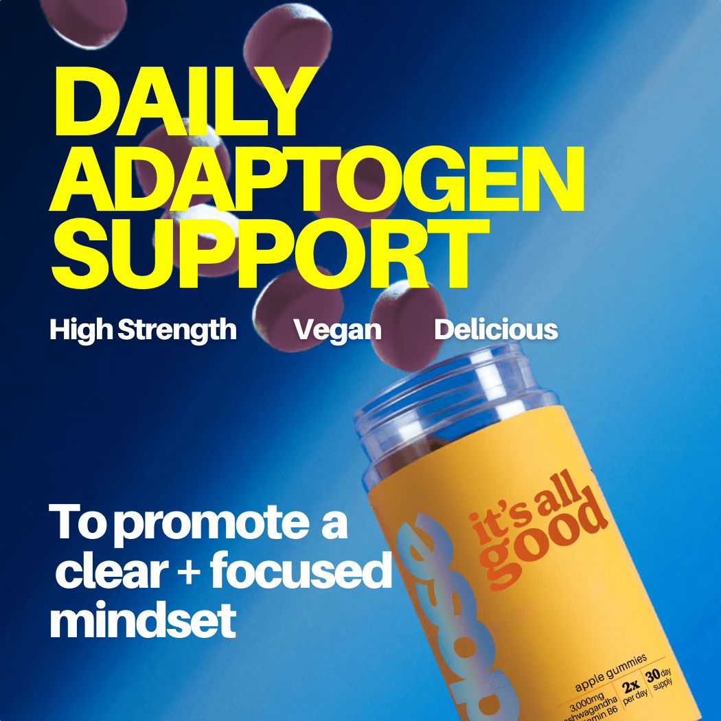 Dose Labs It’s All Good Ashwagandha Gummies with icons highlighting vegan, GMP and ISO certified, 3,000mg ashwagandha and vitamin B6 benefits.
