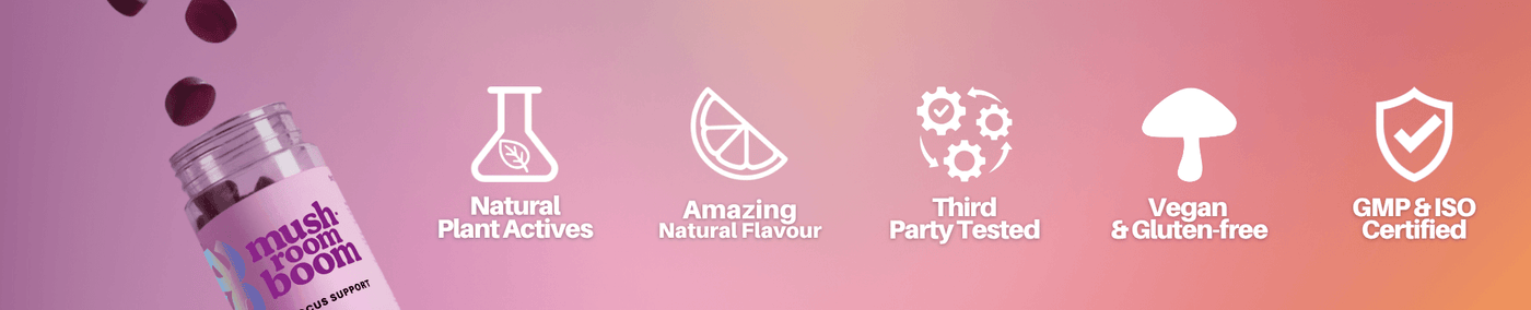 Product packaging with icons and text on a gradient background