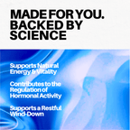 Promotional text about product benefits with a blue abstract background
