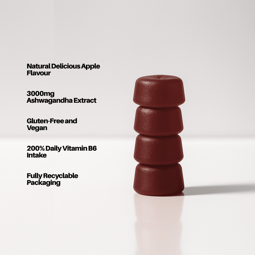Stack of 4 redish brown ashwagamdha gummies on a white backdrop with text