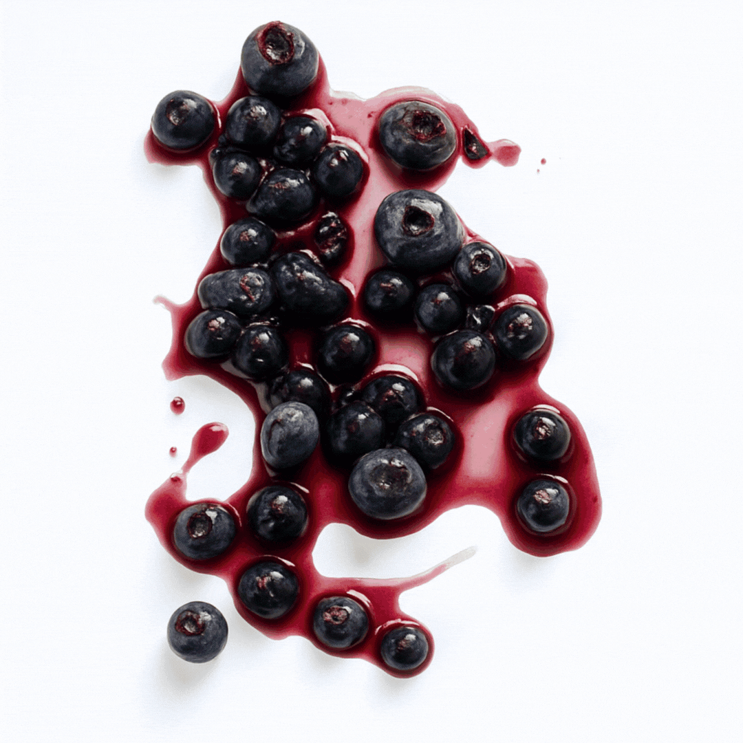 5 images showing crushed blueberries, enoki mushrooms, a glass with berries and water, a metal cube and a spilt green drink