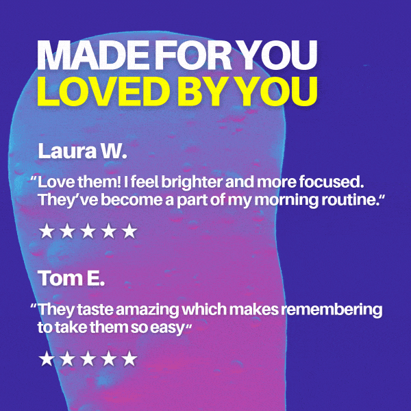 Customer reviews on blue and pink lavalamp background