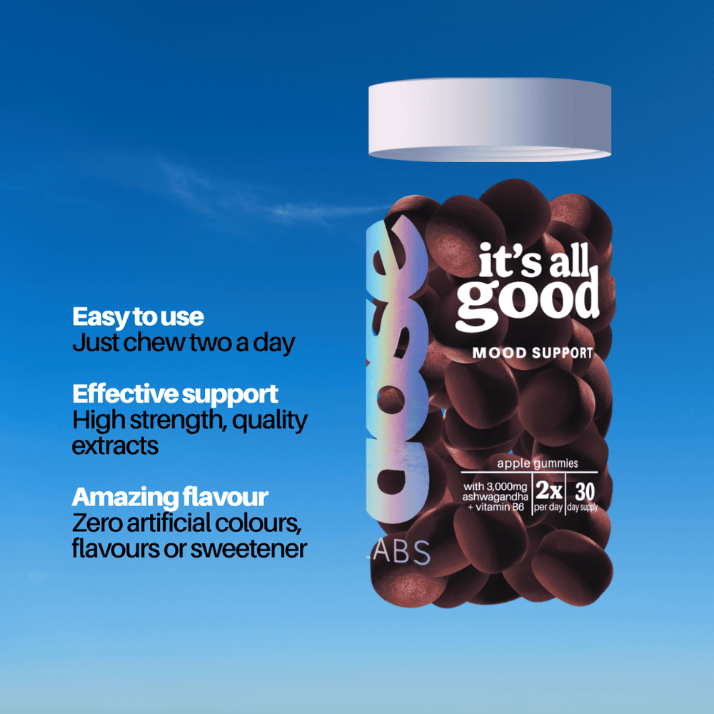Floating jar of 'it's all good' Ashwagandha  gummies with blue sky background and text on how to use.