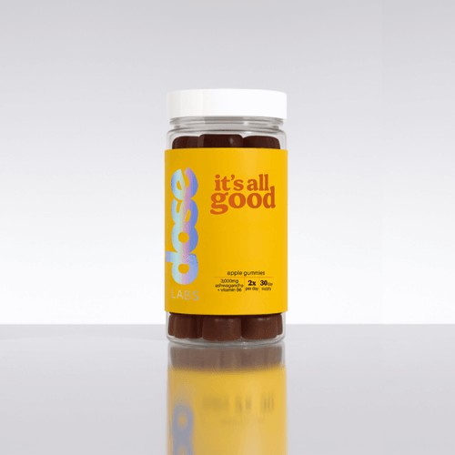 Jar of It’s All Good Ashwagandha Gummies by Dose Labs, showing 3,000mg ashwagandha with vitamin B6 for wellbeing support