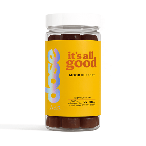 It’s All Good Ashwagandha Gummies by Dose Labs, vegan mood support supplement with vitamin B6, front view packshot on white background.