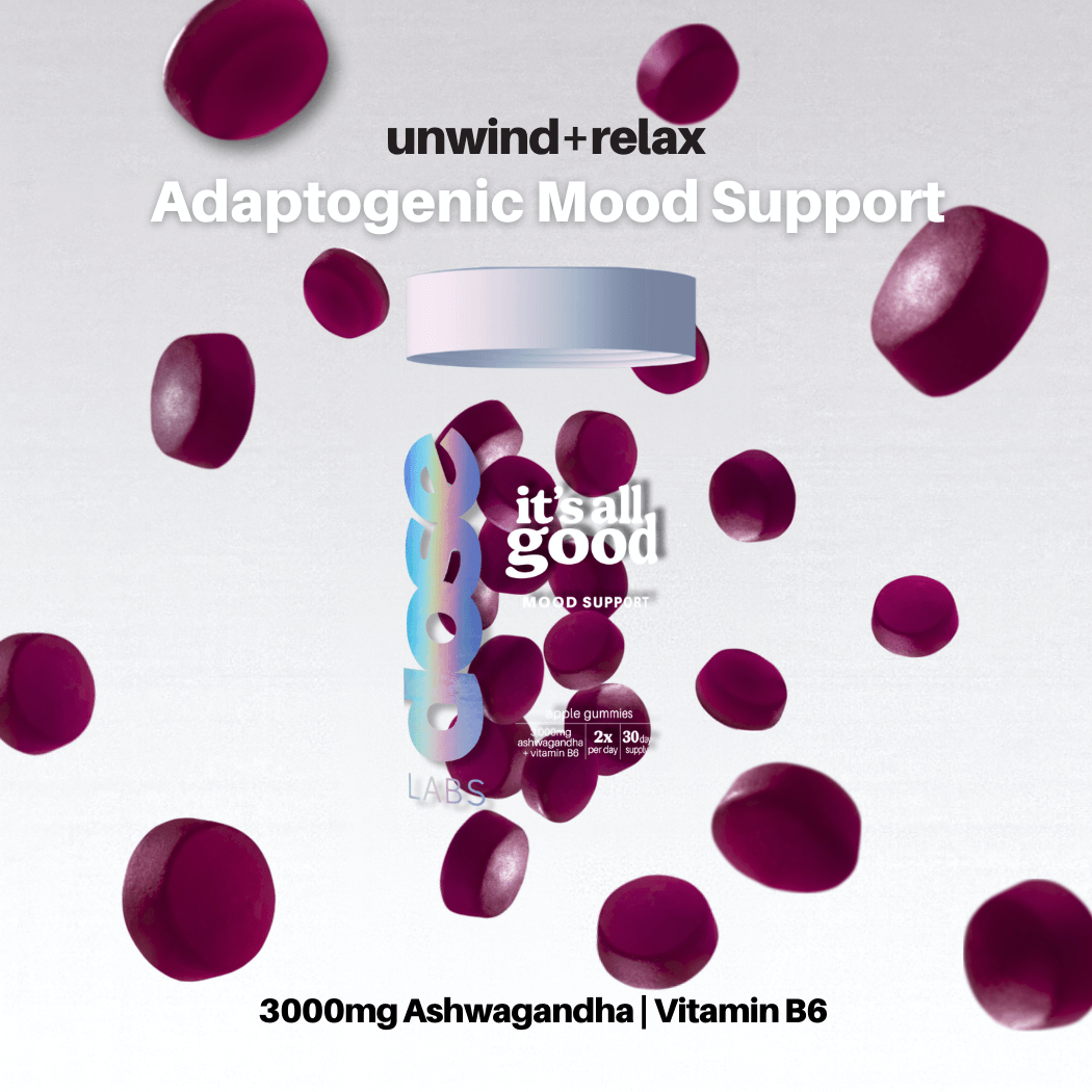 Floating apple gummies from Dose Labs It’s All Good Ashwagandha Gummies, highlighting adaptogenic mood support with 3,000mg ashwagandha and vitamin B6.