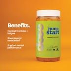 Jar of 'Jump Start' energy support gummies on an orange background with benefits listed.