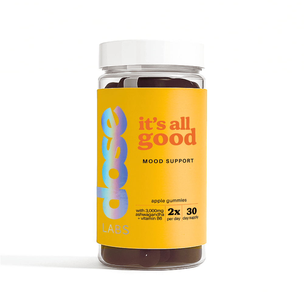 plastic jar of dose labs 'it's all good' apple flavoured ashwagandha gummies with bright yellow label on a clean white background.