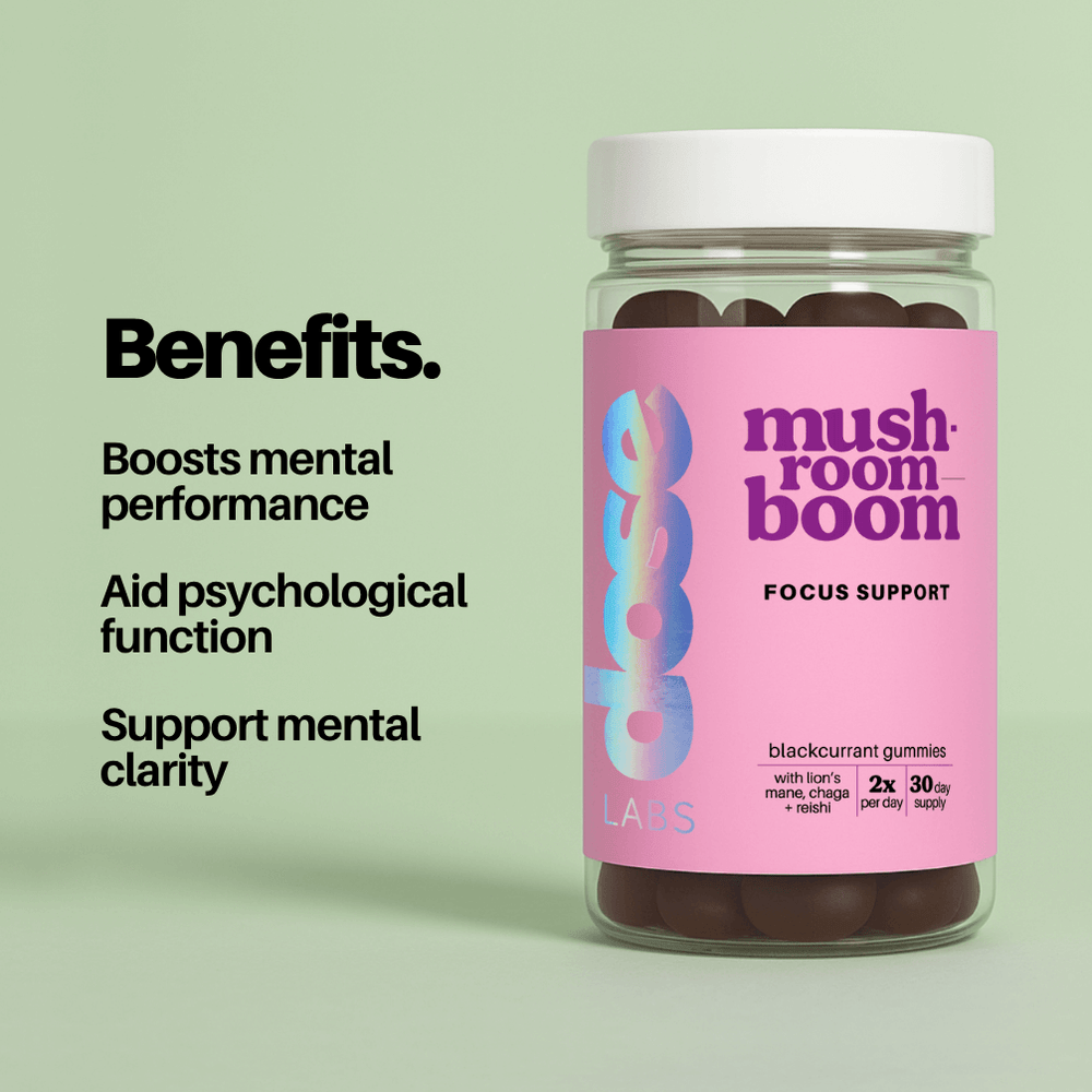 Jar of 'mushroom boom' gummies with text on a light green background