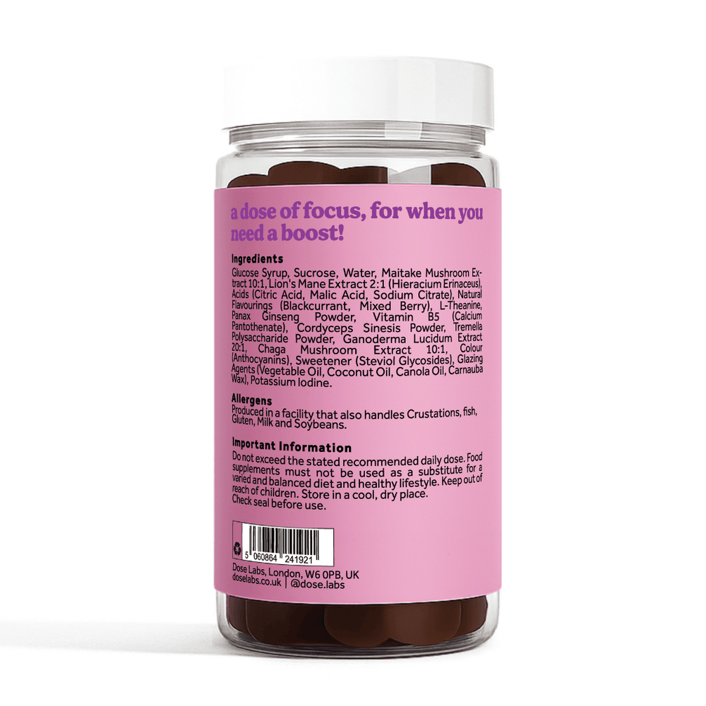 Supplement container with pink label on a white background