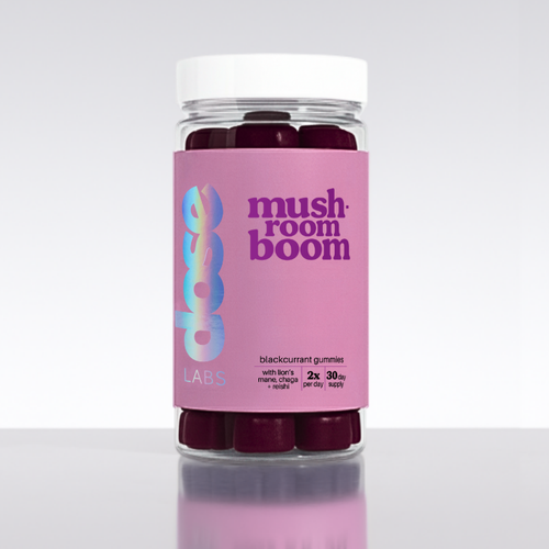 Supplement container with pink label on a white background