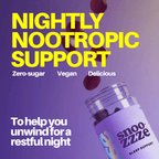 Advertisement for snoozzzee sleep support supplement with text on a purple background