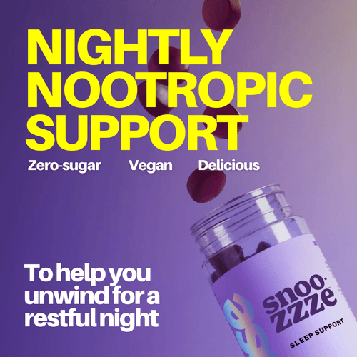 Advertisement for snoozzzee sleep support supplement with text on a purple background