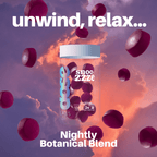 Bottle of snoozezze nightly botanical blend with purple gummies against a colorful sky background.