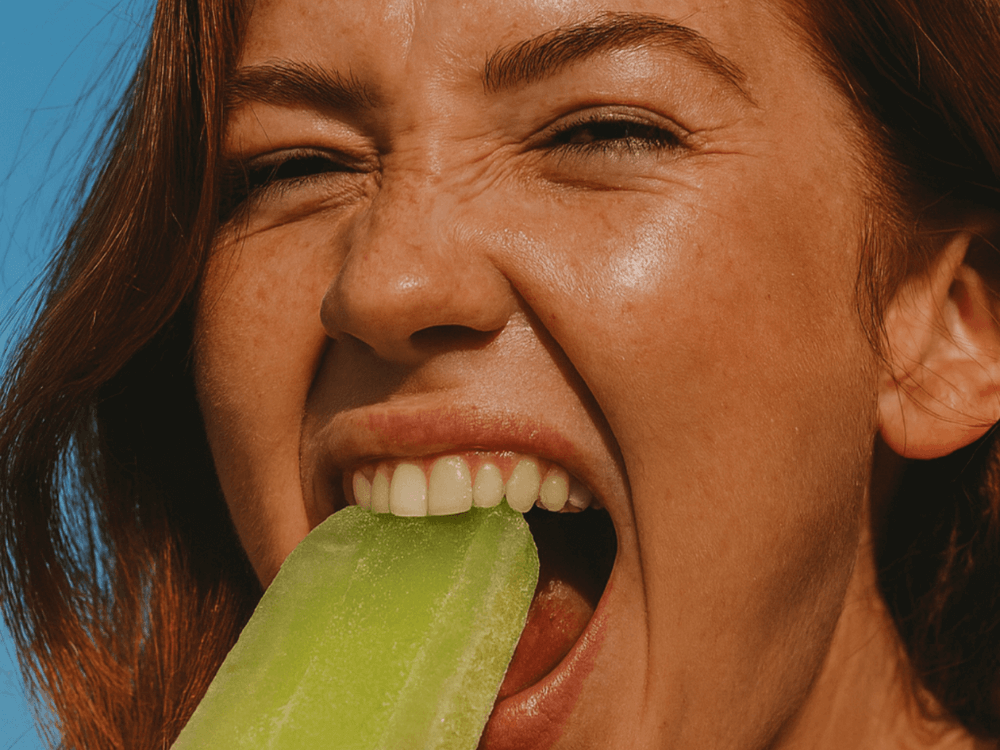 Close-up of a woman biting into a green ice-lolly against a blue sky.