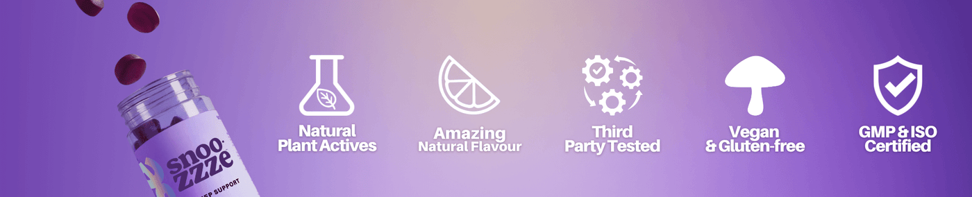 Product packaging with icons and text on a purple gradient background