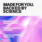 Promotional text about product benefits with a blue abstract background