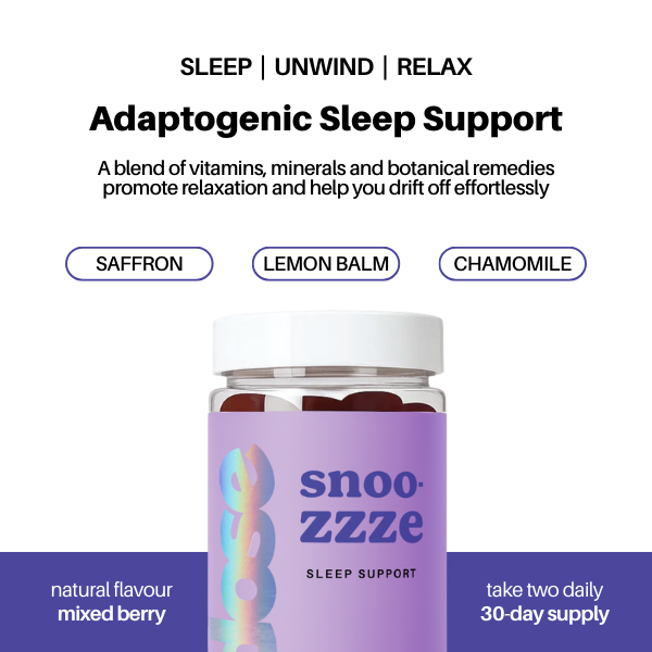 image of snooze mixed berry gummies with text on white background